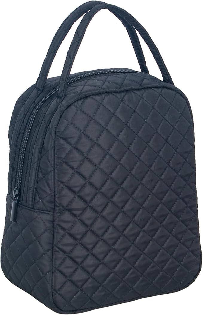 Machine Washable Women Quilted Fabric Insulated Reusable Cooler Lunch Bag Tote Adult Thermal Lunch Box Storage Bag for Work (Black)