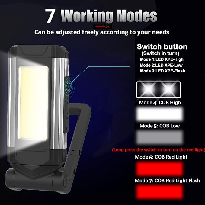 LED COB Rechargeable Flashlight Worklight,Trouble Lamp Gadget for Men Dad Birthday Gift Idea,Portable Torch Tool with Magnet Base 180° Rotate 7 Modes 2 Colors Light for Camping Mechanic BBQ