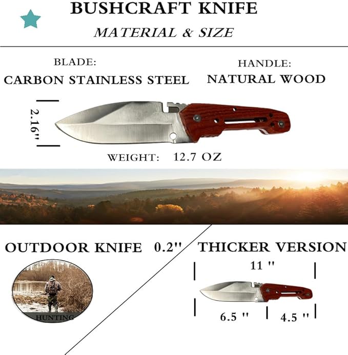 HelloWZXD Bushcraft Knife Full Tang Bush Knife - 0.2’’ Thick Fixed Blade Knife Stainless Steel - 9” Camping Knife w Sheath - Survival Hiking Hunting Camping Knives & Bushcraft Tool, wood