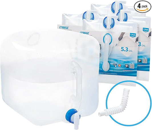 Collapsible Water Storage Container Jug, 4 Packs 5.3 Gallon BPA Free Water Carrier with Spigot, for Camping Hiking Backpack Outdoors and Emergency, Foldable Portable Survival Kits