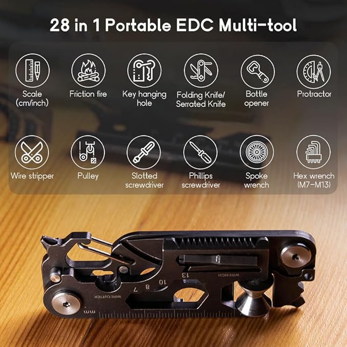 28 in 1 EDC Multi-function Tool, Keychain portable Metal Pocket Tool for men, Wrench for Screw, Ruler, Pulley, Spoke Tool,bottle opener, thread cutter, Self-locking Pocket Knife Multitool