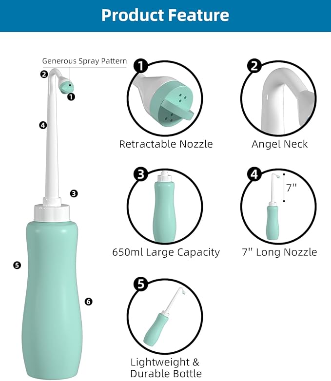 2 Pack Travel Bidet Bottle, Portable Bidet Sprayer Hand held Bidet 650ml for Personal Hygiene Care, On-the-Go Travel Bag Extra Long Pointed Nozzle Spray for Women, Baby and Elderly-Green Bottle