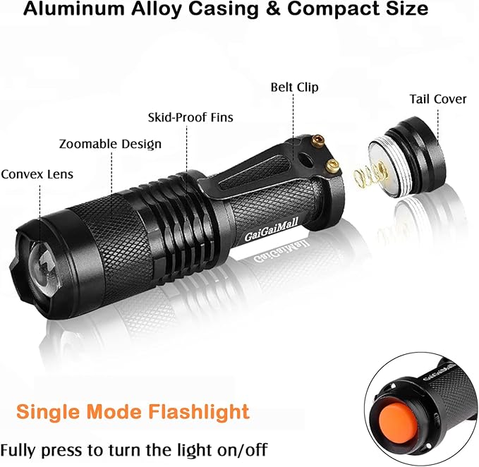 Bright Mini Led Flashlight 7w Small Tactical Flashlights Single Mode Zoomable Military Grade AA Torch with Clip for Gift, Hiking, Camping & Power Outage(Battery Not Included), 4 Pack
