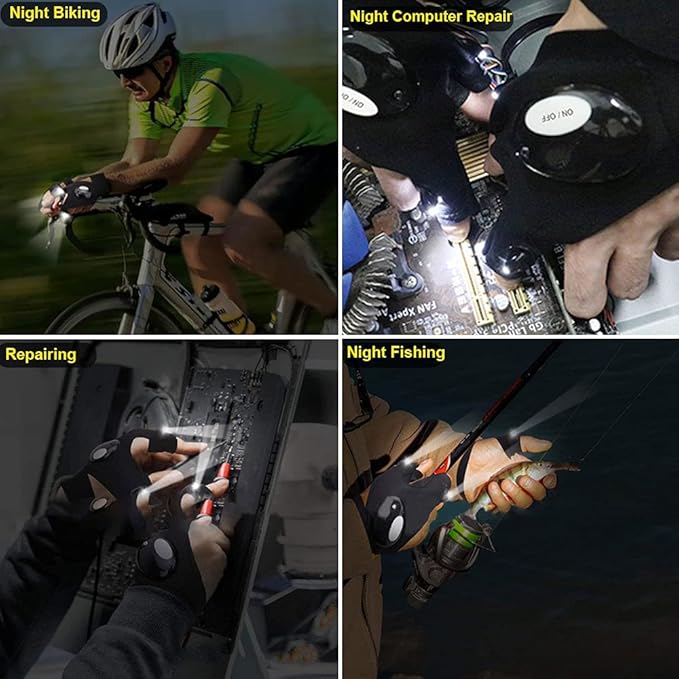 LED Flashlight Gloves, Unique Gift for Men Father Husband, Cool Stretchy Fingerless Light Gloves Gadget for Repairing Electrician Mechanic DIY Handmade, 1 Pair