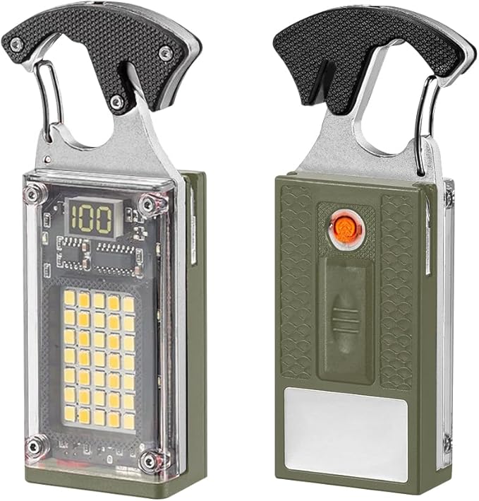 LED Small Flashlight, Keychain Light, COB Multi-Function Mini Work Light, 1000 Lumens Rechargeable, 8 Lighting Modes, Fire Starter, Seat Belt Cutter, Screwdriver, Green