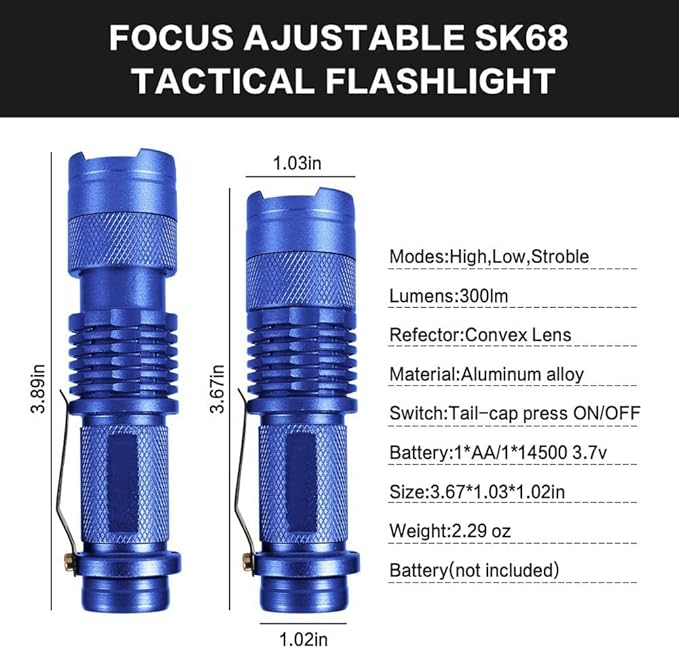 MODOAO 6 Pack,7W 300LM SK-68 3 Modes Mini Light Black Q5 LED Tactical Flashlight, LED Mini Flashlights,Adjustable Focus Zoomable Tactical Flashlight for Camping Hiking Emergency(Blue