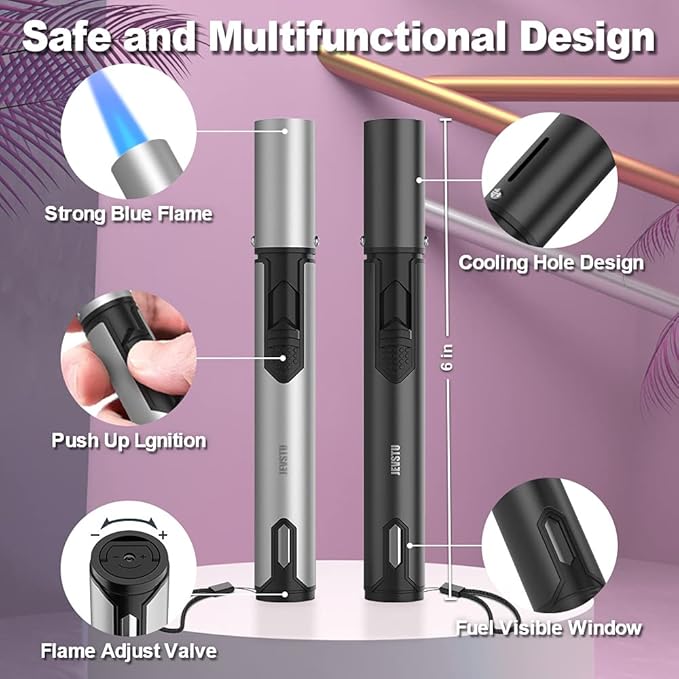 2 Pack Butane Lighter, Torch Lighter with Fuel Level Window, Adjustable Fire Jet Lighter for Fireplace, Windproof Pen Lighter for Candle Kitchen BBQ, Lighter Fluid not Included, Black & Sliver