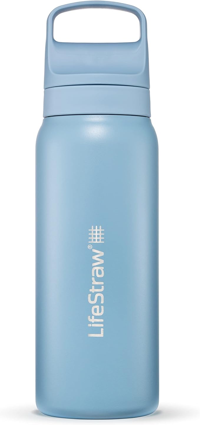 LifeStraw Go Series – Insulated Stainless Steel Water Filter Bottle for Travel and Everyday use removes Bacteria, parasites and microplastics, Improves Taste, 24oz Icelandic Blue