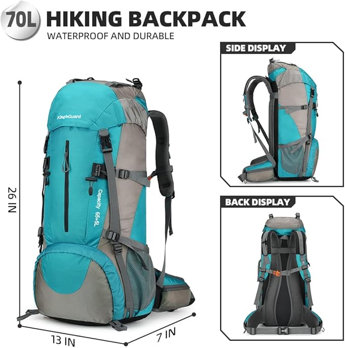 King'sGuard 70L Hiking Backpack Large Lightweight Waterproof Camping Backpack Travel Backpacking Backpack Daypack with Rain Cover -Frameless (Lake Blue)