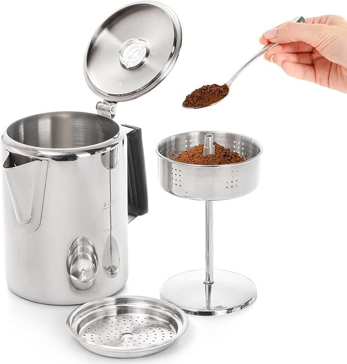 Camping Coffee Pot Stainless Steel, Coffee Pot Outdoors, Durable Stove Top Coffee Maker, Brew Coffee on Fire, Ideal for Group Camping, Hiking, Backpacking, RV and Travel, 9 Cups