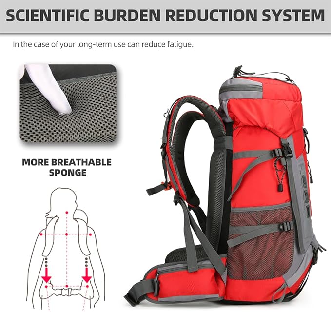 60L Hiking Backpack Lightweight Camping Backpack with Rain Cover Large Waterproof Packable Outdoor Trekking Travel Backpack for Men Women (Red)