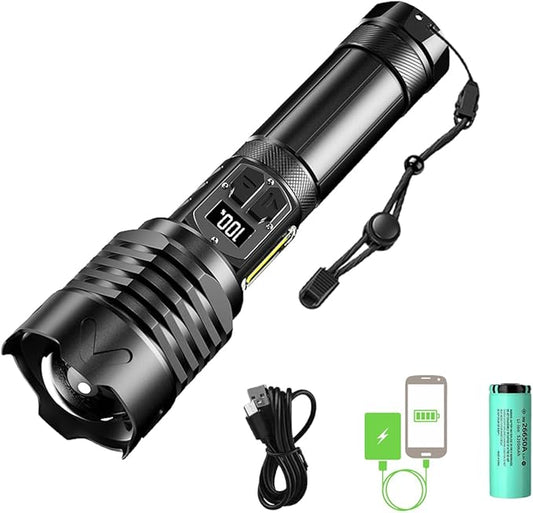 Ultra-Bright LED Flashlights Rechargeable with LCD Display: 25000 High Lumens, Adjustable Focus & USB Power Bank Capability, Dual Light Sources & 9 Modes Flashlight