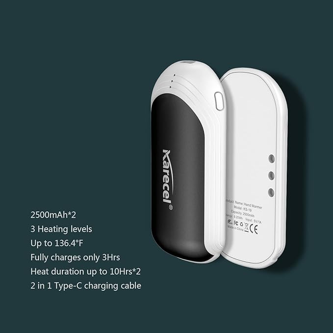 Karecel Hand Warmers Rechargeable 2 Pack, 5000mAh Hot Electric 2 in 1 Hand Warmer Portable Pocket Heater Reusable Handwarmers, Best Electronic Gifts for Men Women Kids, Hunting, Golf, Camping