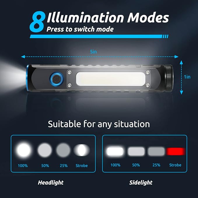 Flashlight Rechargeable Magnetic LED Flashlight 500LM Super Bright LED Tactical Flashlight with Cob Sidelight Waterproof 8 Modes for Camping Emergency and Outdoor Use 2 Pack