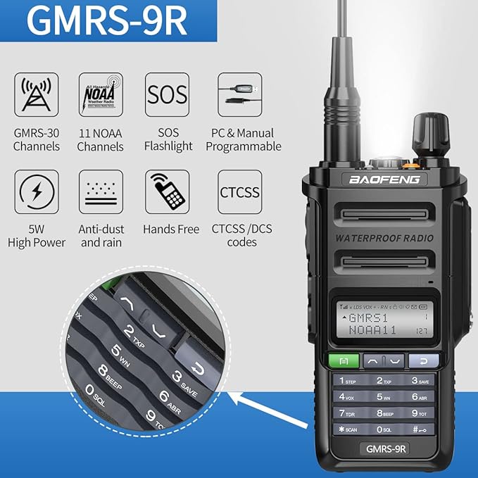 Baofeng GMRS-9R GMRS Radio Waterproof IP67 Two Way Radios GMRS Repeater Capable Rechargeable Walkie Talkies Long Range NOAA Weather Alerts Scan with Extra Tactical Antenna,2800mAh Battery,Speaker Mic