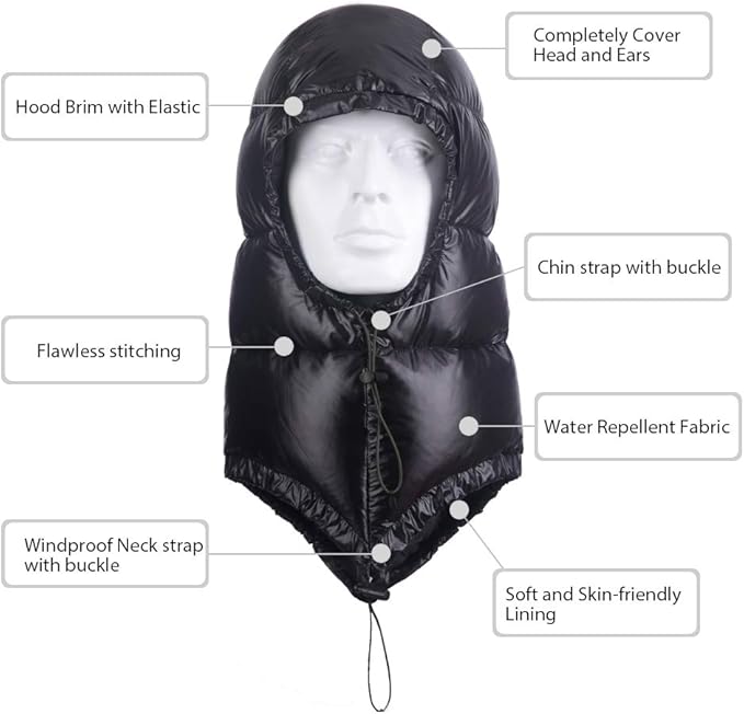 Winter Warm Ultralight Down Hood Waterproof Sleeping Bag Outdoor Camping Windproof Down Cap Hat with Storage Bag