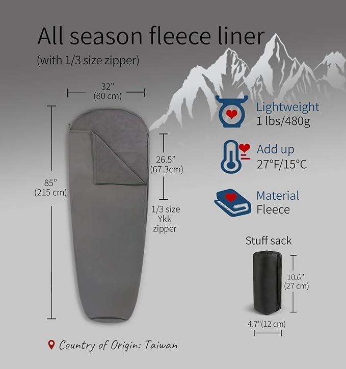 All Season Fleece Sleeping Bag Liner Adds Up to 27°F/ 15°C, Lightweight Mummy Sleeping Sack for Cold Weather and Winter Backpacking, Camping, Traveling with Drawstring Hood and Stuff Sack E629