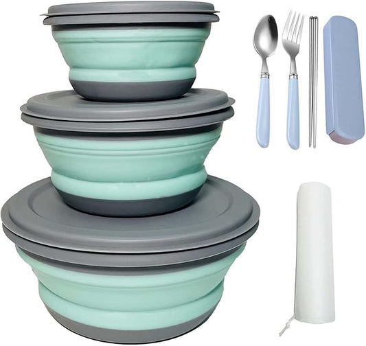 RMAMSCOV Camping Bowl, 3 PCS Food Grade Silicone Collapsible Bowl Lunch Box Salad Bowl with Lid, Expandable Food Storage Containers Set with Free folding tableware and storage bag (Blue)