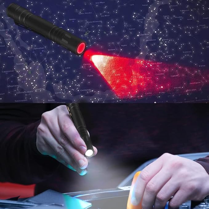 Dual Color Red Light Flashlight with White Light LED Pocket Pen Light for Night Astronomy Aviation Camping, 2PCS
