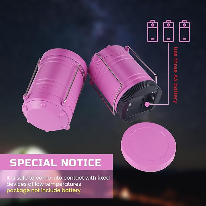 Lichamp 4 Pack Pink LED Camping Lanterns, Battery Powered Camping Lights LED Super Bright Collapsible Flashlight Portable Emergency Supplies Kit, A4PK