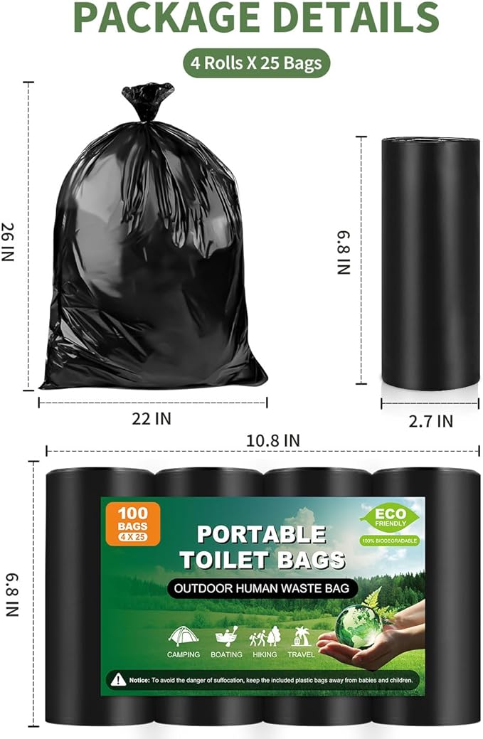25 Portable Toilet Bags, Thick Biodegradable Camping Toilet Bags for Portable Potty, 8 Gal Compost Toilet Waste Bags Potty Bags for 5 Gallon Bucket Toilet Seat Adults Outdoor, 1.1 Mil