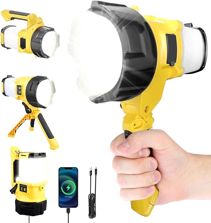 3-in-1 Rechargeable Spotlight with Adjustable Handle, IP65 Waterproof Handheld LED Flashlight Searchlight Work Light, 4400mAh Power Bank, 6 Light Modes for Emergency Hurricane Outdoor Hiking Camping
