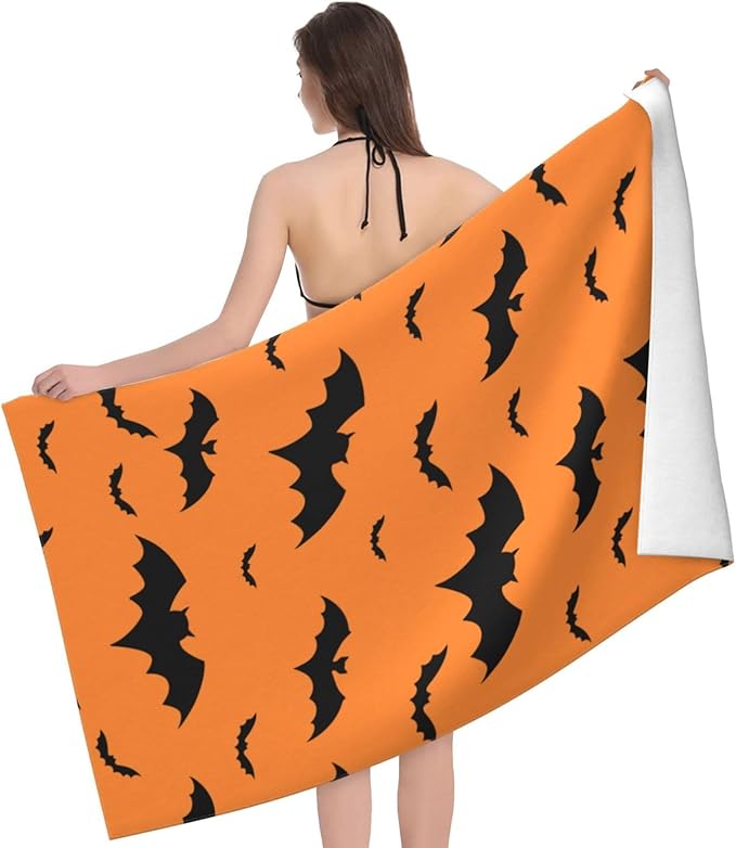 Halloween Bats Theme Beach Towel, Quick Dry Super Absorbent Bath Towels, Orange Oversized Microfiber Bathroom Towels for Shower, pool, Camping, Beach 30x60 in