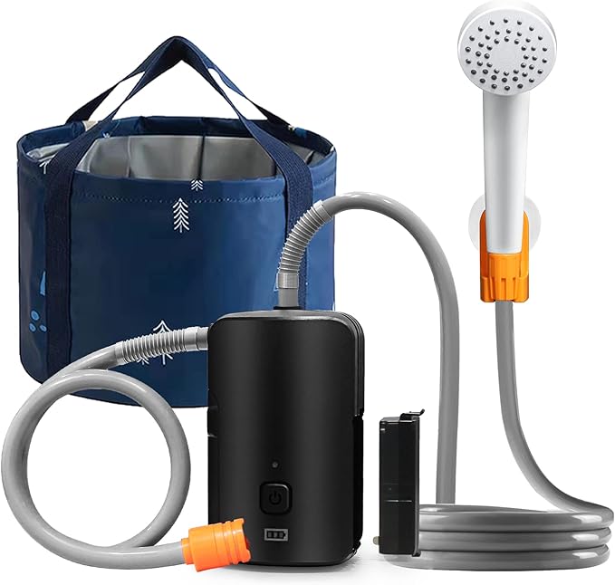 Portable Outdoor Shower, 4400 mAh Removable Rechargeable Battery, with LED Light, Battery Powered Shower Pump+Collapsible Bucket, Suitable for Hiking/Backpacking, Camping, Travel, Beach, Pet