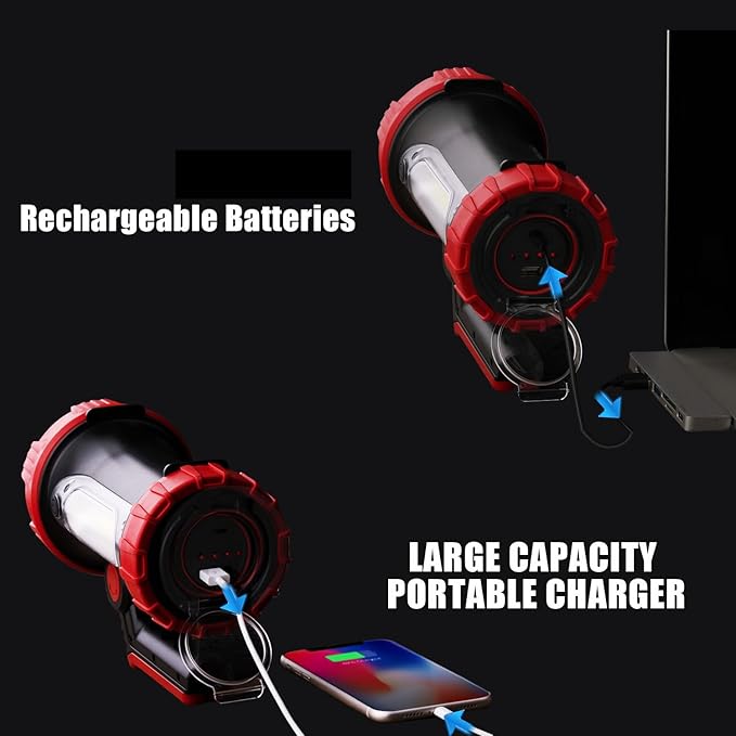 Rechargeable Spotlight, 6000Lumens LED Spotlight Flashlight 6 Modes Bright Handheld Large Flashlight with Tripod & Mobile Charger Waterproof Searchlight for Camping Outdoor Emergency as Gift