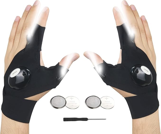 LED Flashlight Gloves, Unique Gift for Men Father Husband, Cool Stretchy Fingerless Light Gloves Gadget for Repairing Electrician Mechanic DIY Handmade, 1 Pair