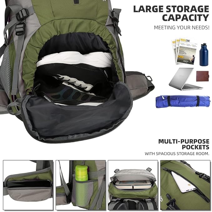 King'sGuard 70L Hiking Backpack Large Lightweight Waterproof Camping Backpack Travel Backpacking Backpack Daypack with Rain Cover -Frameless (Army Green)