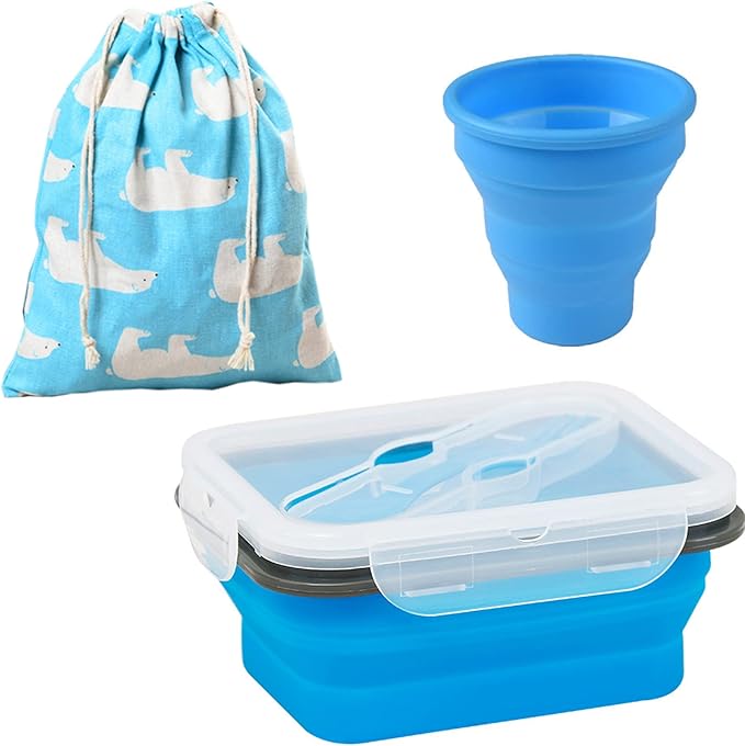 Collapsible Bowls for Camping Cups and Bowls Set with Luch Bag Outdoor Camping Mess Kit 4 in 1 Reusable Silicone Bowl and Cup with Lid and Spork