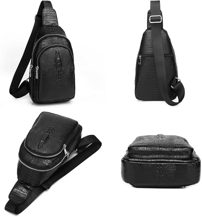 KPYWZER Genuine Leather Sling Bag Backpack for Men Crocodile Embossing Chest Bag Crossbody Shoulder Bag Daypack Black