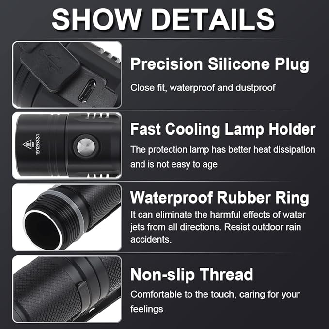 USB Rechargeable Flashlight, 1060 Lumens 7 Modes Waterproof Compact EDC Torch with Micro-USB Cable, Powered by CR123A Battery(Battery Not Included)