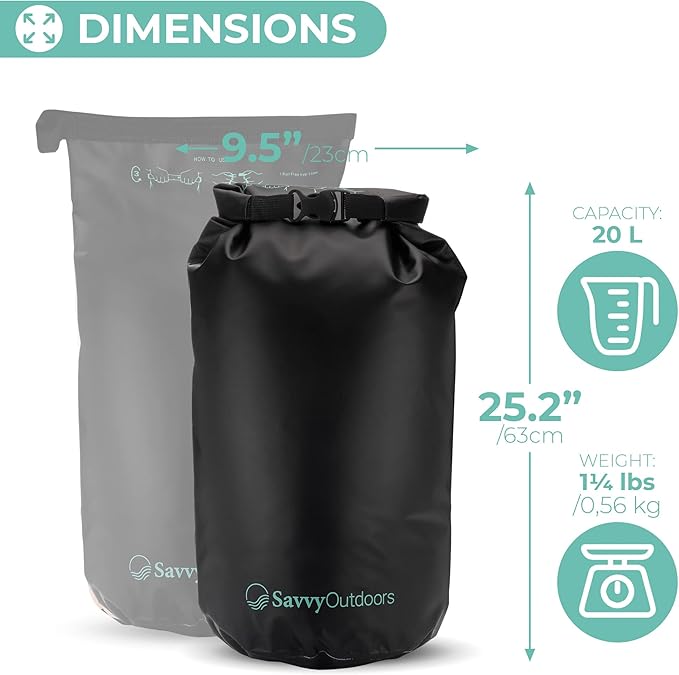 Savvy Outdoors Waterproof Dry Bag - Dry Bags for Food & Gear, Stuff Sacks for Backpacking and Camping Equipment, Waterproof Bag for Beach, Boating, Kayaking (20L, Black)
