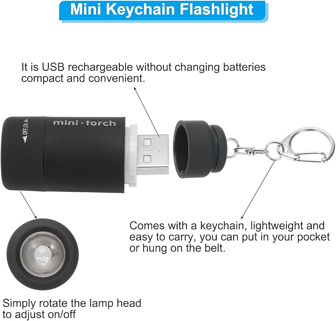 PATIKIL Mini Keychain Flashlight, Pocket LED Flashlight Portable Torch USB Rechargeable for Outdoor Camping Party, Black