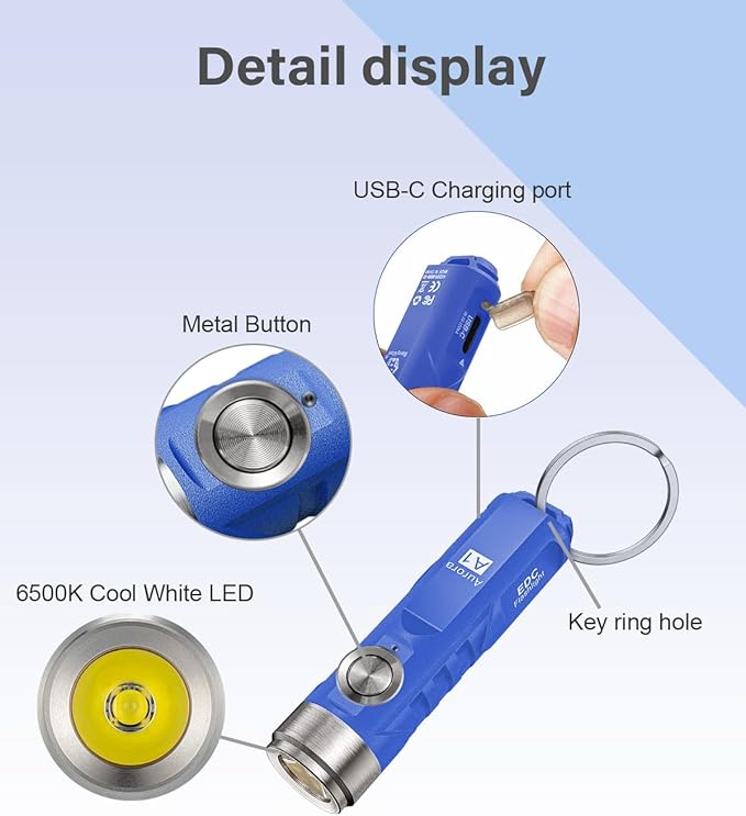 RovyVon Aurora A1 G4 USB C Rechargeable Mini Flashlight, Small Bright Keychain Flashlight 650 High Lumens EDC Flashlight Gadget with Clip for Camping, Hiking, Emergencies (Blue)