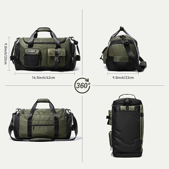 Duffel Backpack 22.5L With Shoe Compartment Waterproof Olive Green Gym Bag Travel Duffle Backpacks Weekend Shoulder Carry On Bag (3 In 1)