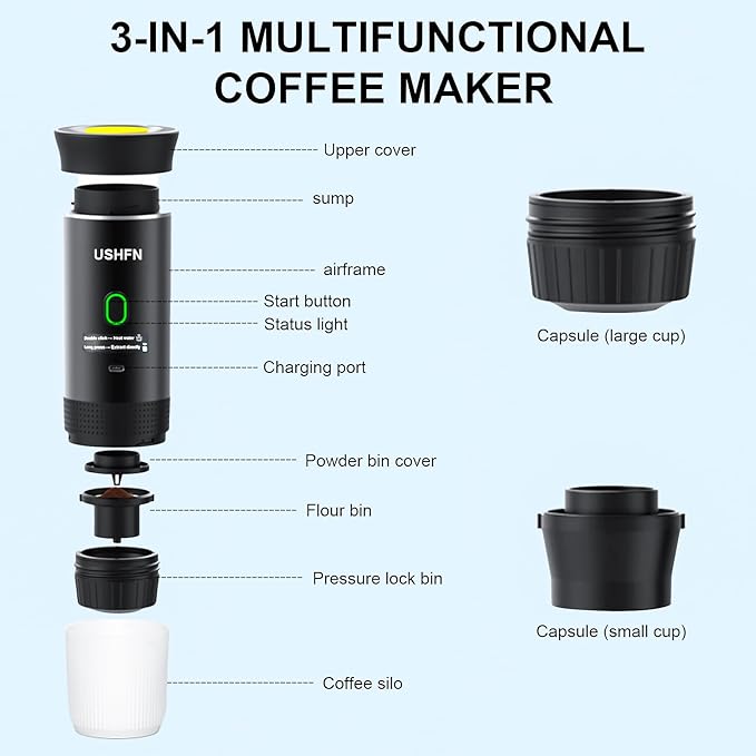 Portable Espresso Machine,4-5 Min Self-Heating Rechargeable Coffee Maker with Type-C,Compatible with NS, DG Capsule & Ground Coffee for Travel, Camping, Office(Black)