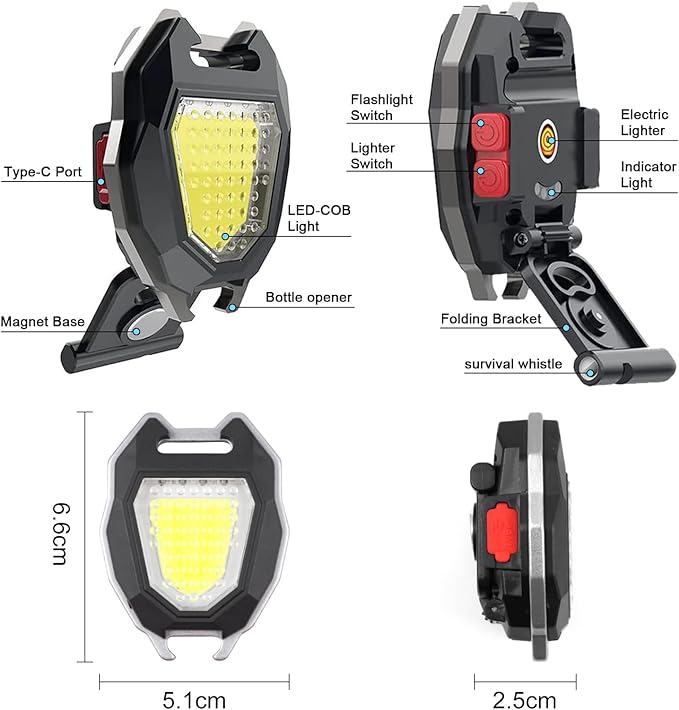 SEFONE 7 Modes COB Keychain Work Light 2 Pack, 1200 Lumens Bright Rechargeable LED Flashlight, Portable Pocket Light with Folding Bracket Whistle Lighter Magnet for Outdoor