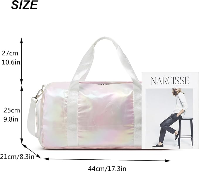 Sports Gym Dance Bag for Women Girls, Shimmery Waterproof Duffle Travel Bag With Shoes Compartment and Wet Dry Pocket (Pink)