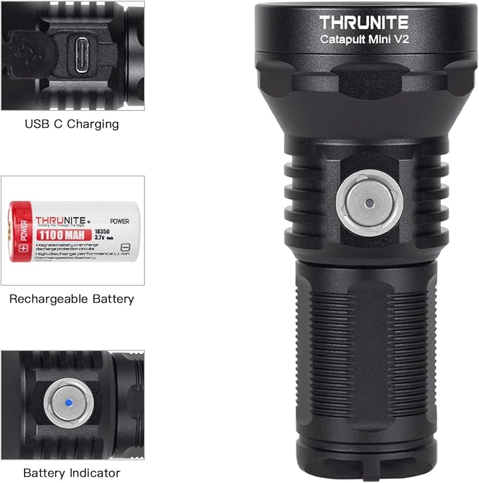 ThruNite Catapult Mini V2 LED Searchlight, 515 Meters Long Throw, High 1108 Lumens Rechargeable Flashlight for Law Enforcement, Search and Rescue, Emergency Signaling, EDC Use, Cool White