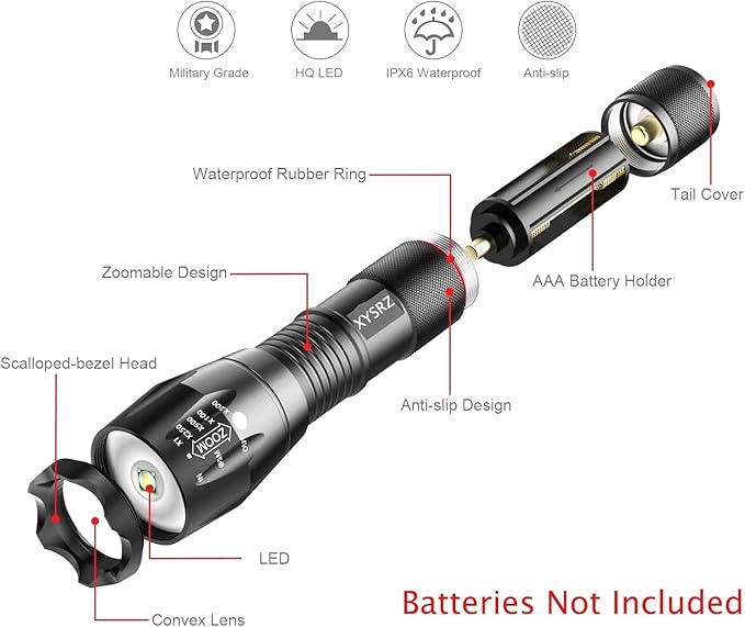 Tactical LED Flashlight Military Grade 5 Modes Zoomable Waterproof Flashlight for Emergency and Outdoor Use, Camping, Hiking, 4 Pack