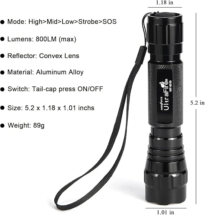 ULTRAFIRE Tactical Flashlight, WF-501B 800 Lumens Super Bright 5 Mode Mini LED Flashlight,IPX-65 Waterproof EDC Handheld Torch for Outdoor Camping and Hiking