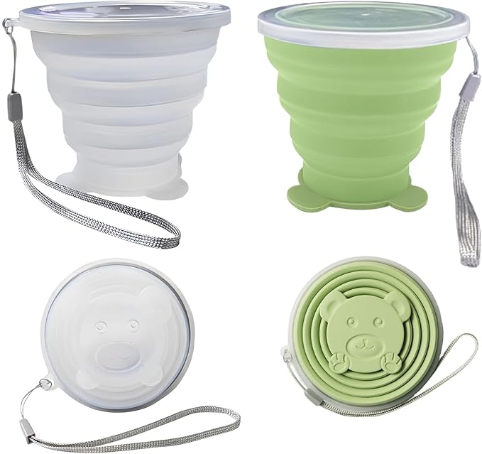 2 PCS Collapsible Cup - Silicone Small Foldable Cup-Expandable Folding Drinking Cup -Reusable Portable Mugs Cup with Lids For Travel, Camping, Hiking, Survival, Holiday Vacation White+Green