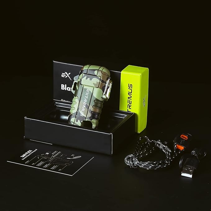 Extremus Blaze 360 Rechargeable Electric Lighters, Dual Arc Lighter, Windproof Plasma Lighter, Waterproof Lighter, Flameless Lighter with Whistle Lanyard for Camping (Army Green Flex)