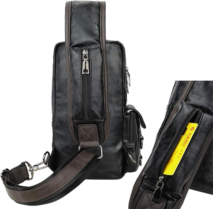 Leather Sling Bag Backpack for Men Women Cross Body Shoulder Chest Pack Outdoor Travel Camping Fishing Hunting Hiking Handbag Crossbody Daypack Black