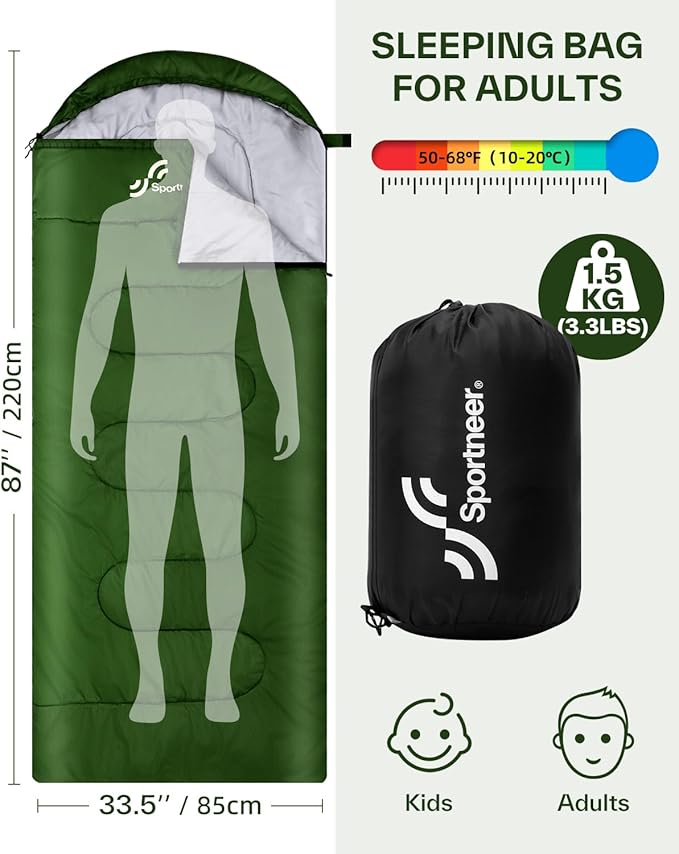 Sportneer Sleeping Bags for Adults, Warm & Cold Weather Sleeping Bag for Adults Kids Boys Girls - Lightweight Compact Camping Gear Equipment, Traveling, Backpacking, Hiking