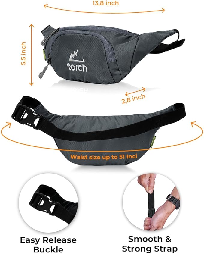 TORCH Belt Bag for Men - Fanny Pack Men Women with Compass Survival, Small Lightweight Hip Pack for Gym, Running, Hiking, Biking, Dog Walking - Vallejo (Grey)