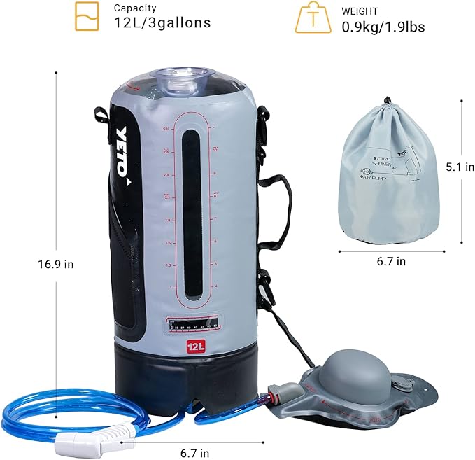 YETO 12L/3.17 Gallons Portable Camping Shower Portable Shower for Camping Camp Shower Solar Shower Outside Shower with Pressure Foot Pump and Handy Nozzle Camping Showers Camping Shower Bag, GREY-12L